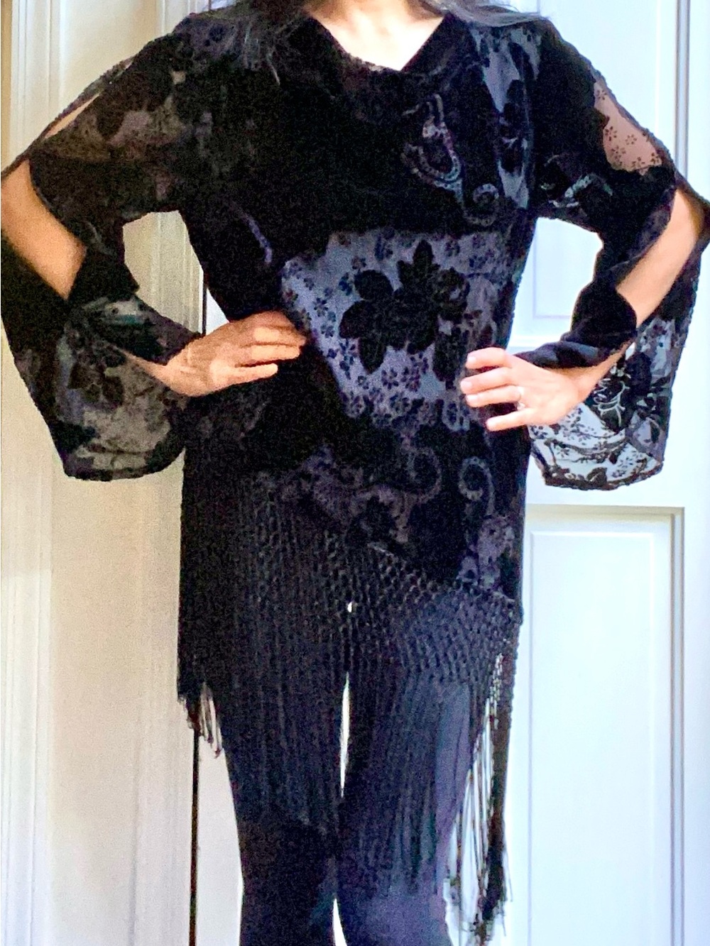 R&M Black Floral Velvet Whimsigoth Western Gothic Fringe Women's Blouse Sz S/M